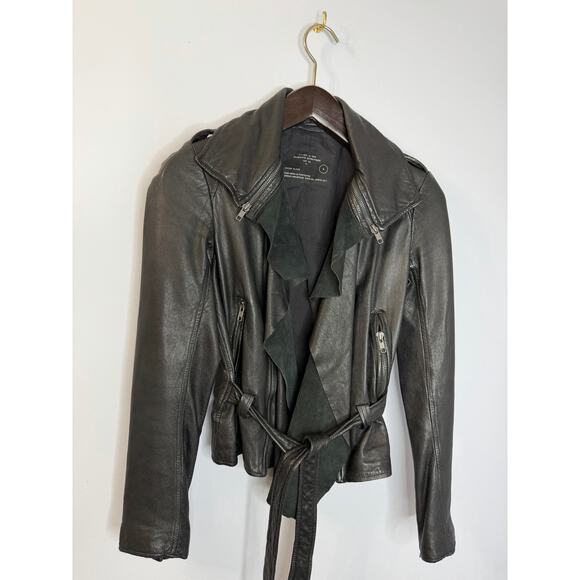 AllSaints Spitalfields Y2K Jacks Place Leather Moto Belted Black Jacket Sz 8 S - Picture 15 of 16